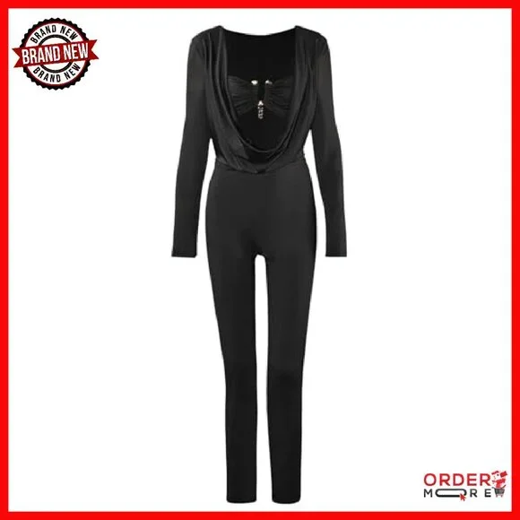 Long Sleeve Cowl Neck Hollow Out Bodycon Jumpsuit Club Outfit